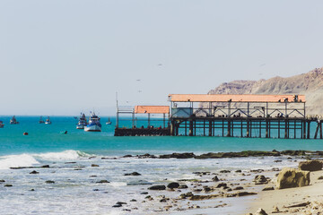 A pier is on the beach with a lot of boats in the water