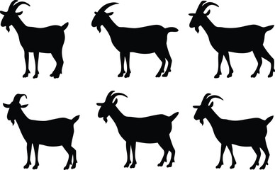 Goat silhouette vector set, black goat silhouette icon bundle 