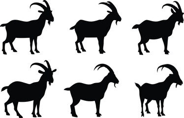 Goat silhouette vector set, black goat silhouette icon bundle 