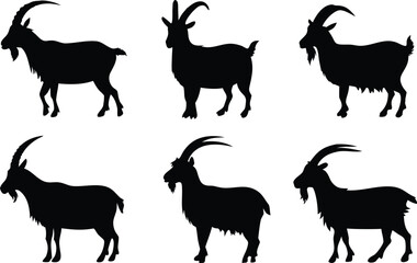Goat silhouette vector set, black goat silhouette icon bundle 