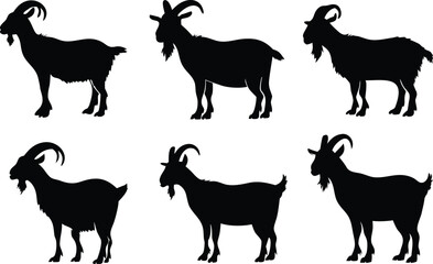 Goat silhouette vector set, black goat silhouette icon bundle 