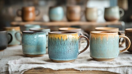 Handmade ceramic mugs on a linencovered table, soft tones