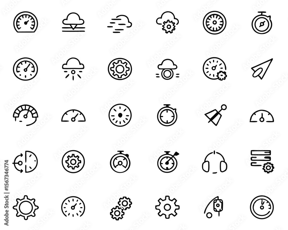 Poster collection of sleek minimalist speed and movement outline symbols featuring fast and slow indicators