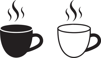 Black coffee cup vector icon with hot steam for breakfast beverage