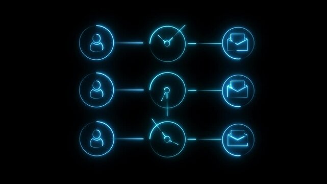 Neon workflow system with user icons, clocks, and email icons indicating timing and communication in a digital process on dark background.