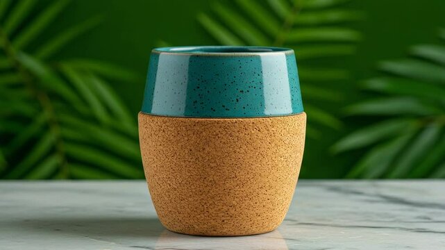 Teal Ceramic Cup with Cork Sleeve on Marble Surface and Tropical Green Leaf Background