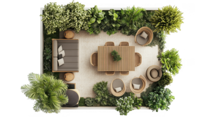 Top-down view of modern outdoor living space with greenery and contemporary furniture