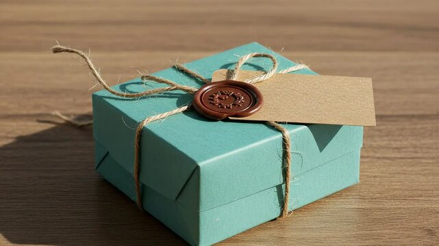Teal Gift Box Tied with Twine with Wax Seal and Tag on Wooden Table Still Life