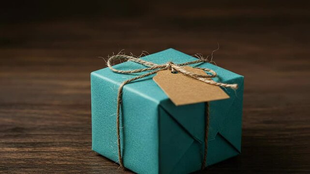 Teal Gift Box with Twine Tie and Blank Tag on Rustic Wooden Surface for Stock Photography