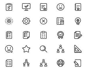 Comprehensive collection of clean modern line graphics for surveys questionnaires feedback forms and research processes presented in a versatile style