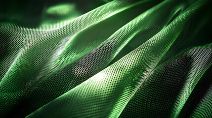 Emerald green mesh fabric layered in a criss-cross pattern, gently illuminated with a soft spotlight, with a tech gadget placed cleanly in focus