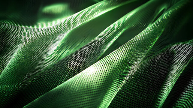 Emerald green mesh fabric layered in a criss-cross pattern, gently illuminated with a soft spotlight, with a tech gadget placed cleanly in focus