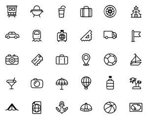 Comprehensive collection of thin line graphics for travel and tourism adventures featuring essential elements for journeys and exploration easily customizable for various projects