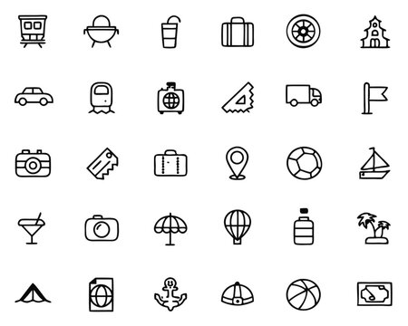 Comprehensive collection of thin line graphics for travel and tourism adventures featuring essential elements for journeys and exploration easily customizable for various projects