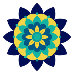 Turquoise and Yellow Mandala Outlined in Bold Blue