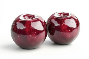 Obraz premium Two Shiny Deep Red Apples on White Background shiny two fruit red apples dark red crimson maroon ai