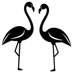 Fototapeta premium Two flamingos stand gracefully, isolated on white background