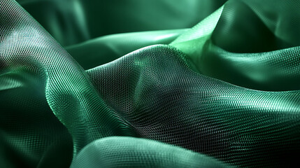 Emerald green mesh fabric layered in a criss-cross pattern, gently illuminated with a soft spotlight, with a tech gadget placed cleanly in focus