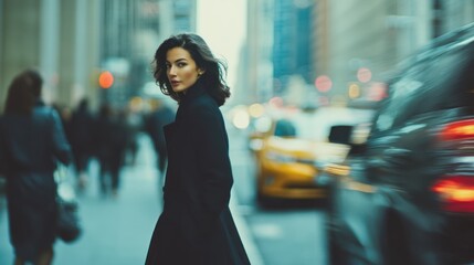 High-Resolution Street Scene Featuring a Fashionable Businesswoman in Motion