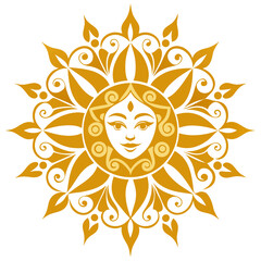 Golden Sun Mandala with Ornate Face and Celestial Detailing