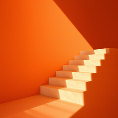 Minimalist staircase with white steps ascending against a vibrant orange wall, creating a striking modern interior scene with strong shadows and geometric design elements