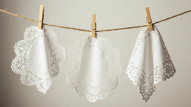 Three White Lace Doilies Hanging on a String with Wooden Clothespins Against Neutral Background in Soft Lighting