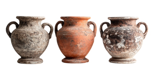 Three ancient amphorae displaying unique textures and ancient ceramic pottery styles