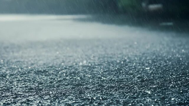 Torrential Rain Pelting Black Asphalt Road Creating Blurry Backround High Definition Close Up Focus On Water Droplets Hitting the Ground