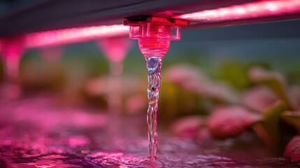 Detailed Studio Shot of Hydroponic Nozzle Releasing Red Liquid