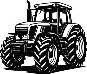 A black and white illustration of a modern farm tractor