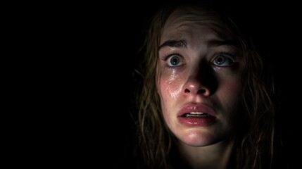 Dramatic Portrait of Woman with Tearful Eyes and Tense Features