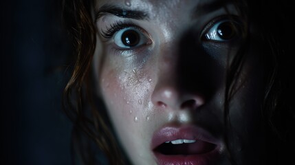 Photorealistic Portrait of Young Woman Showing Fear in Dark Studio