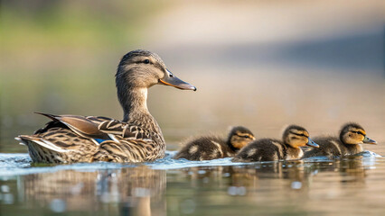 Mother mallard duck leading her adorable ducklings swimming together in calm water on a sunny day