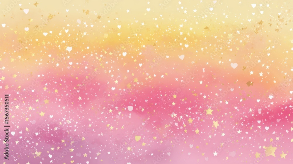 Poster Adorable soft yellow to pink gradient with tiny floating hearts and shimmering stars in a horizontal pop frame.