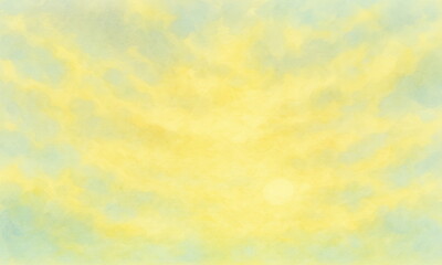 雨上がりの空と柔らかな日差しの背景 ー 淡い黄色と青がにじむ空をやさしい色で表現。雲越しのやわらかな光が広がる、抽象的な背景。バナーや壁紙、コピースペースに最適。