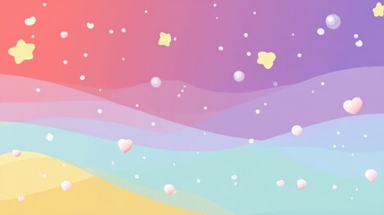 Colorful kawaii gradient horizontal frame background with floating cute icons like stars, hearts and bubbles.