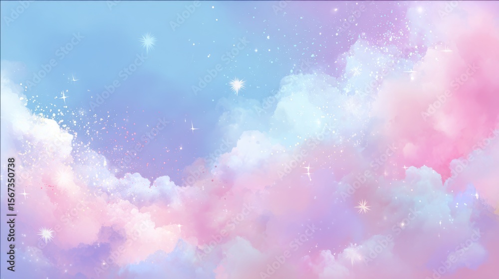 Poster Dreamy pop-style horizontal frame background with sky blue to soft pink gradient and floating star sparkles.