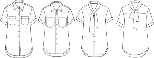 Technical flat sketch of women’s short sleeve shirts with collars and tie necks, fashion design template, front shirt illustrationsTechnical flat s