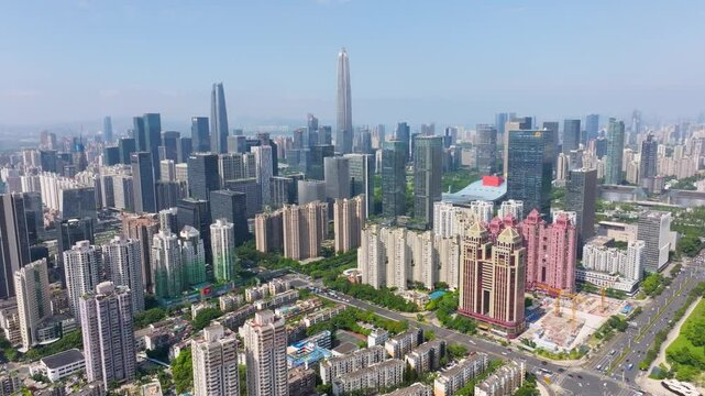 SHENZHEN, CHINA -May 17, 2024: ShenZhen downtown landscape,drone aerial view of city in SHENZHEN.