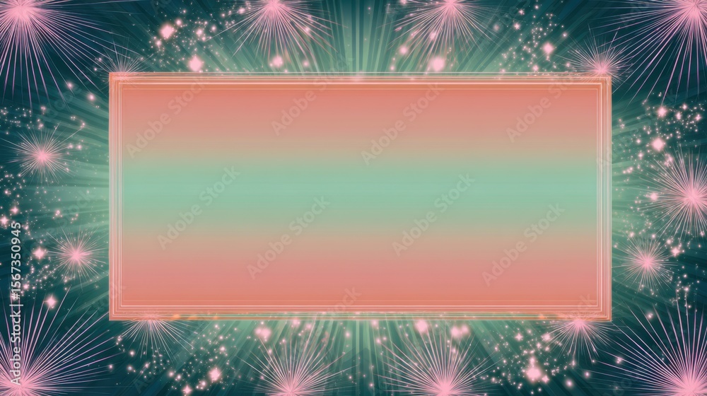 Poster Pink and mint green horizontal gradient frame with pop art starbursts and sparkling effects around the edges.