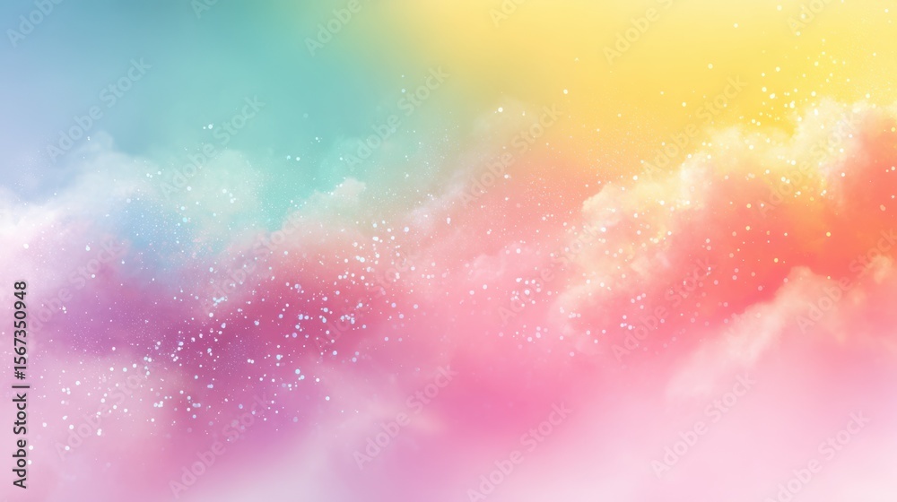 Poster Pop and cute horizontal gradient background with light rainbow hues and glitter dust floating on soft clouds.