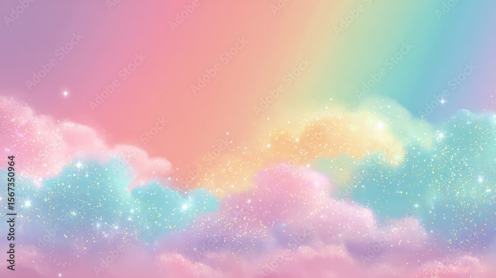Poster Pop and cute horizontal gradient background with light rainbow hues and glitter dust floating on soft clouds.