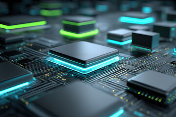 Ultra-Realistic Neon-Lit Circuit Board with Glossy Chip Modules and Vibrant Glow