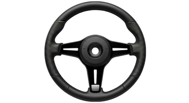 A close up studio shot showcases a modern steering wheel's design and texture against dark space.
