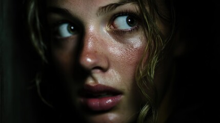 Fototapeta premium Emotional Female Portrait Showing Fear with High Contrast Shadows