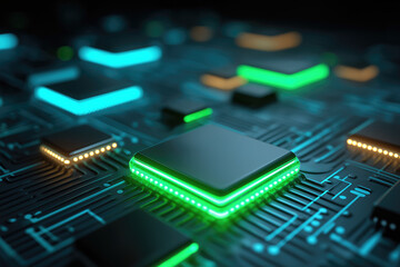 Ultra-Realistic Neon-Lit Circuit Board with Glossy Chip Modules and Vibrant Glow
