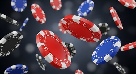 Red blue black casino chips falling gambling poker