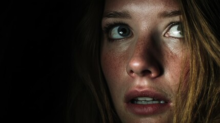 Fototapeta premium Cinematic Close-Up of Woman with Scared Expression on Dark Background