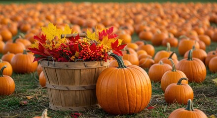 Vibrant Autumn Scene with Pumpkin Patch and Colorful Fall Leaves in Wooden Basket Surrounded by Abundant Pumpkins in a Beautiful Rural Field