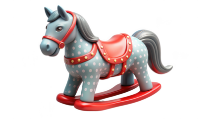 Adorable cartoon rocking horse in blue polka dots with red saddle and details isolated